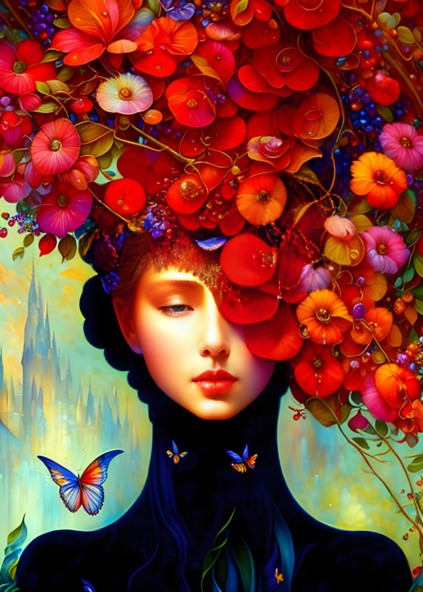 Colorful floral headdress woman portrait with castle and butterfly