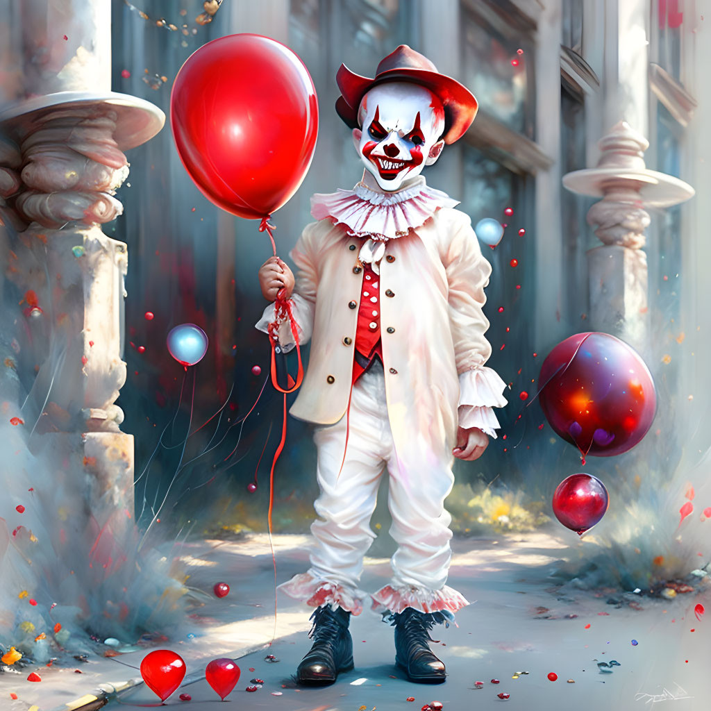 Menacing clown in white and red costume with red balloons in decrepit setting.