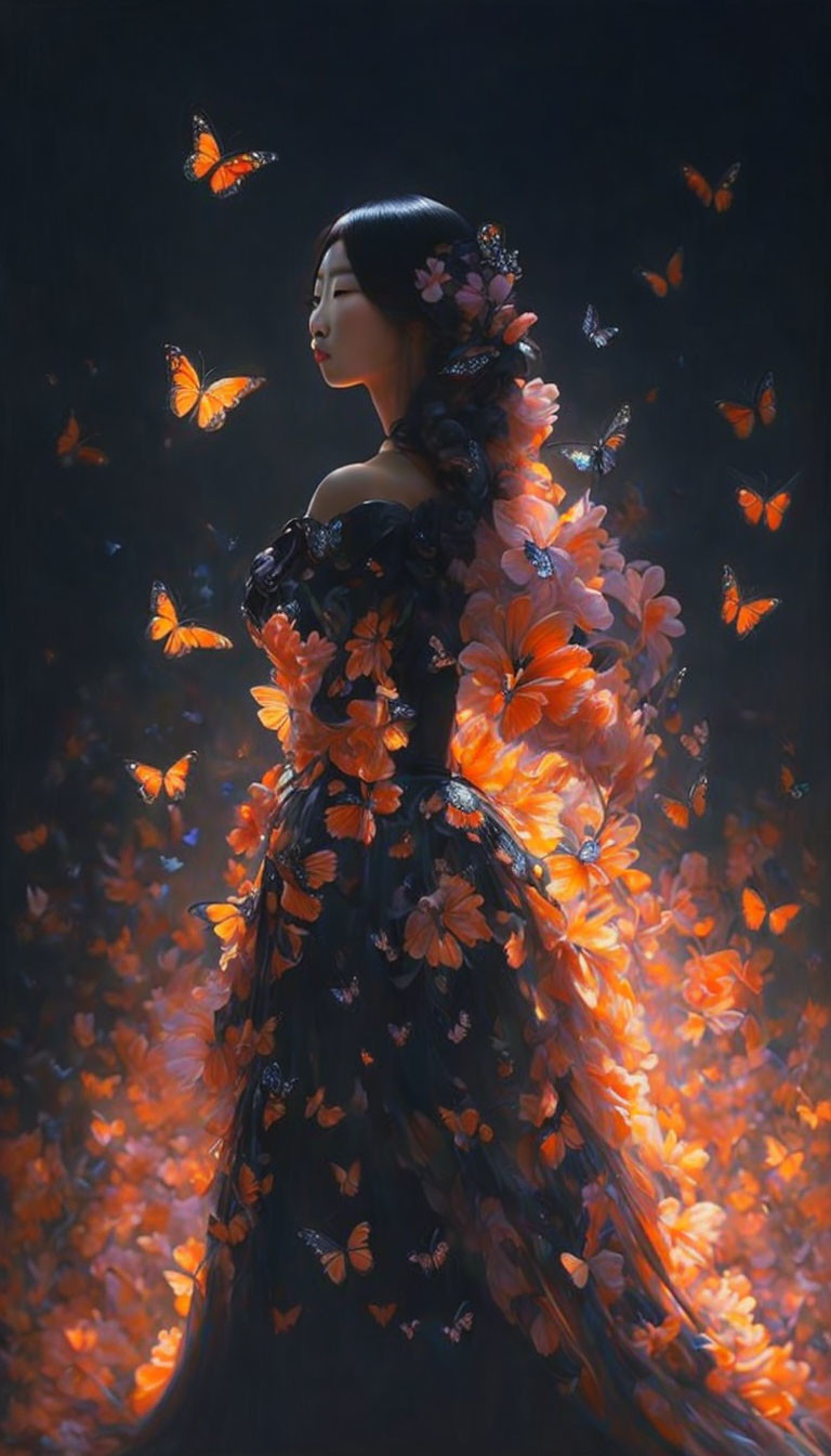 Woman in dark dress with orange butterfly accents surrounded by butterflies in surreal setting