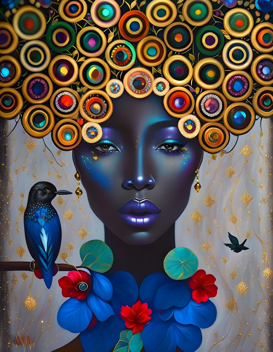 Colorful Woman Portrait with Ornate Headdress and Bluebird