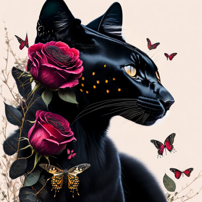 Stylized black cat with golden accents, red roses, and butterflies on pink background