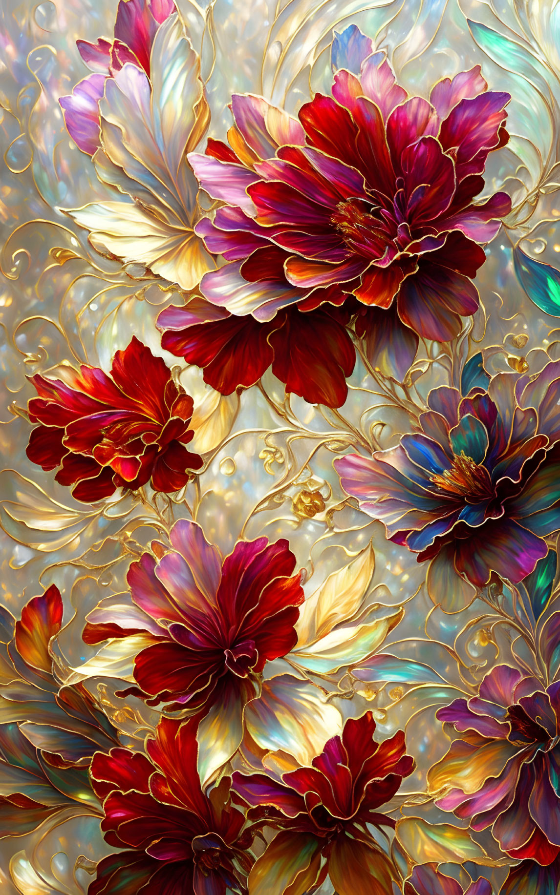 Iridescent Flower Digital Art with Gold Accents