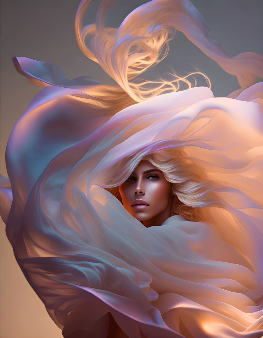 Ethereal woman portrait with flowing hair on gradient background