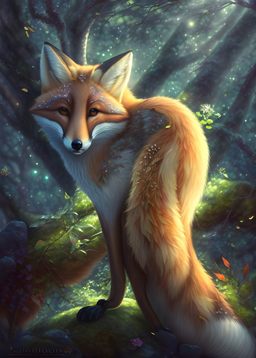 Vibrant digital artwork: Orange fox in mystical forest