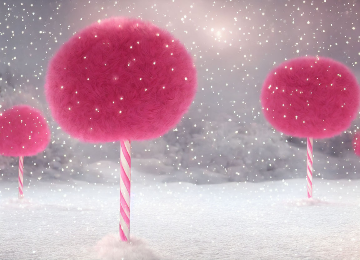 Winter Scene with Pink Cotton Candy-Like Trees in Snowfall