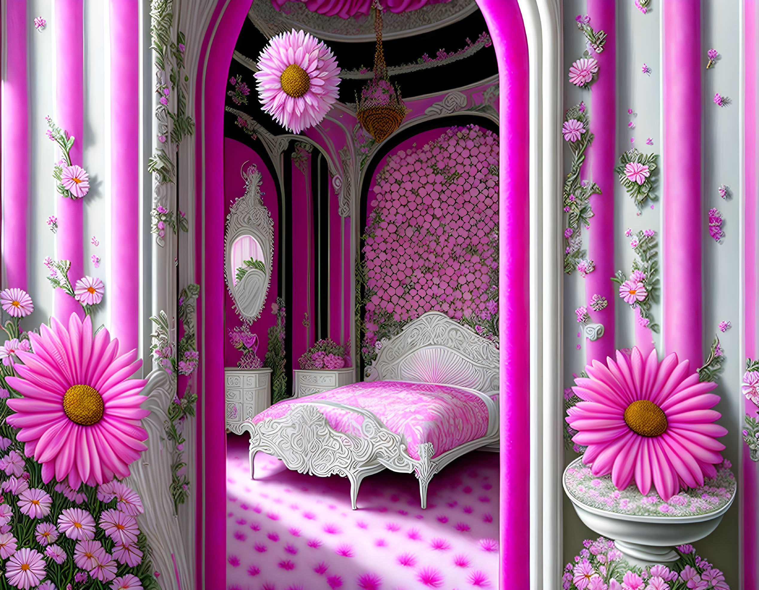 Fantasy bedroom with pink floral decor and ornate white furniture