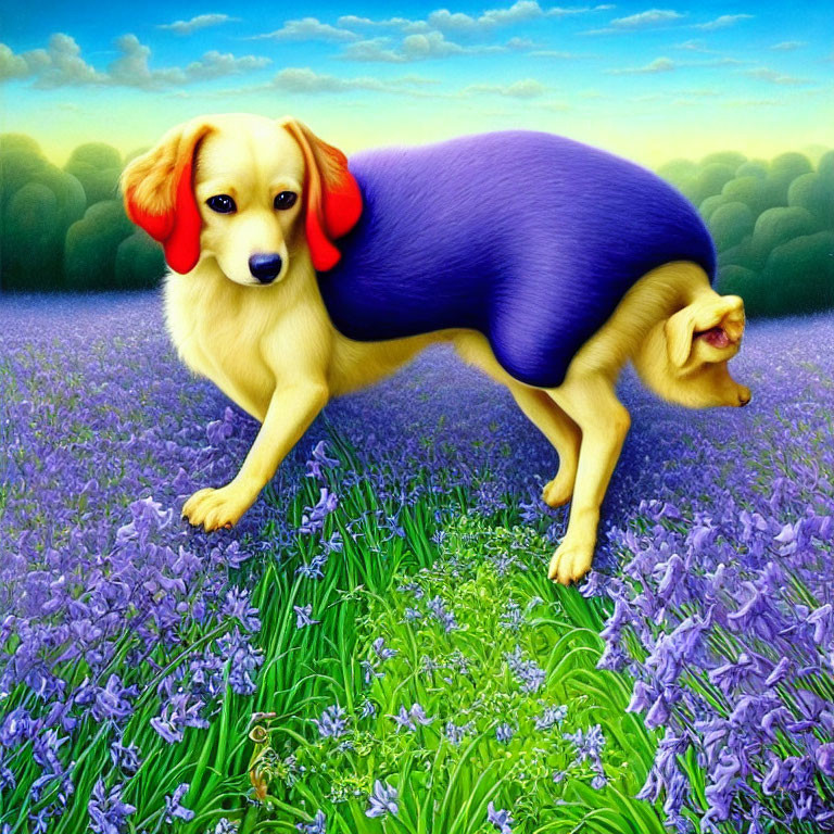 Surreal two-headed dog in purple flower field