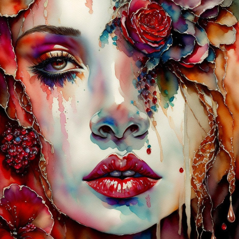 Vibrant watercolor painting of woman's face with floral elements