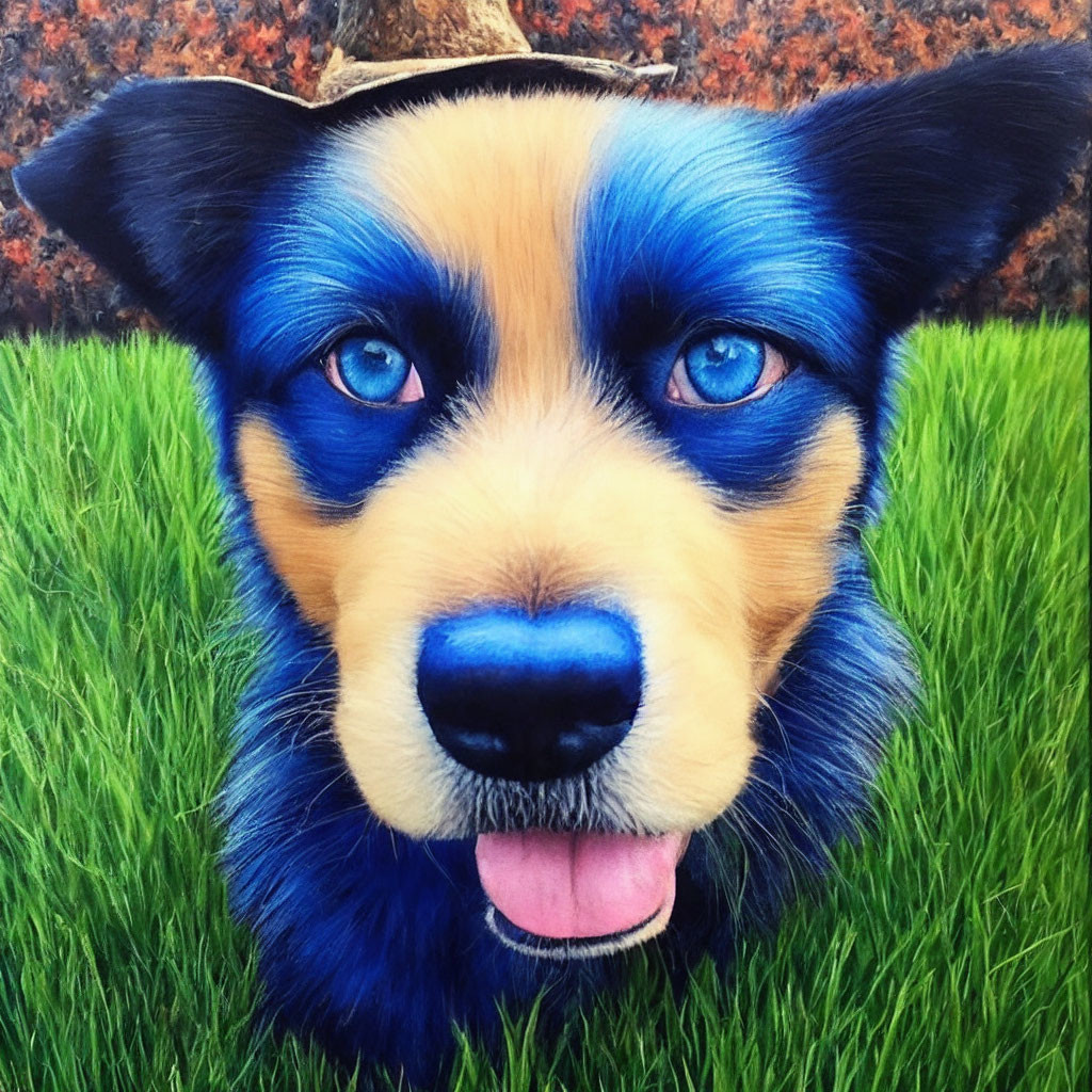 Dog Portrait with Striking Blue Eyes and Tri-Colored Coat on Grassy Background