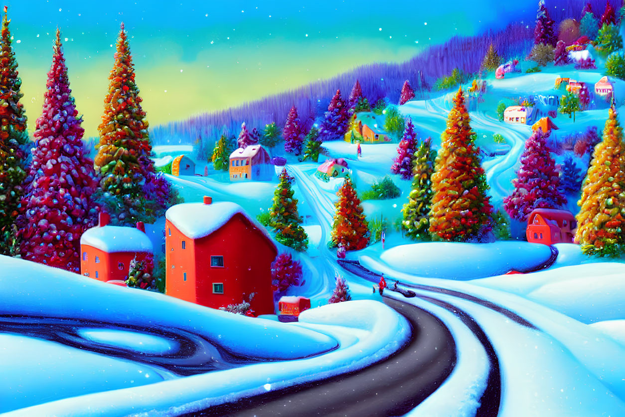 Snowy Winter Landscape with Colorful Houses and Trees at Twilight