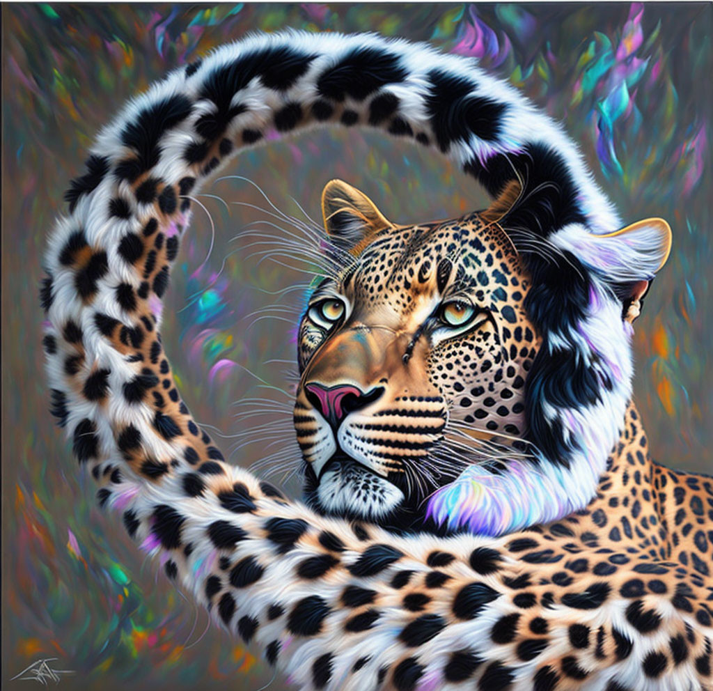 Colorful Leopard Digital Artwork with Circular Tail Frame