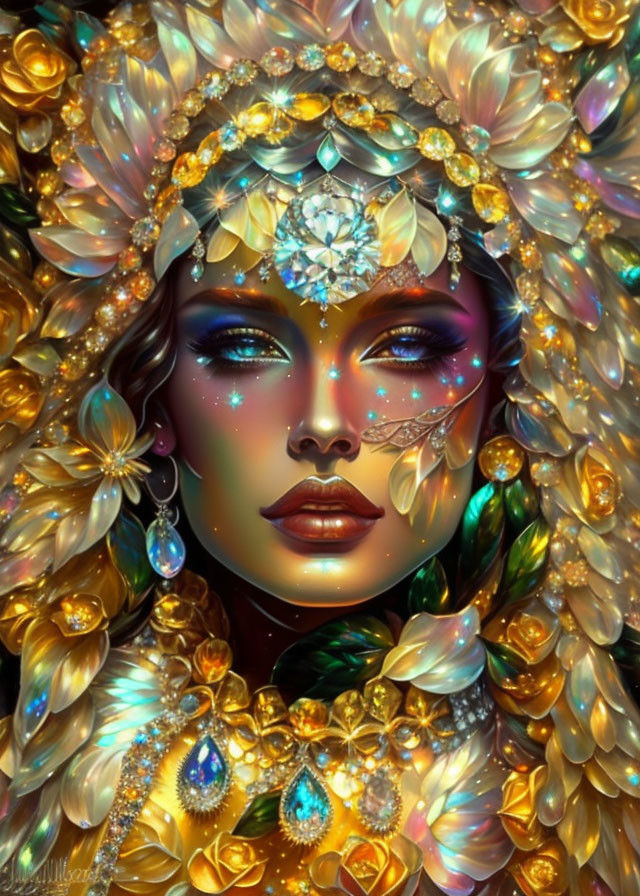 Digital artwork: Woman with golden flowers and jewels, rich colors, intricate details.