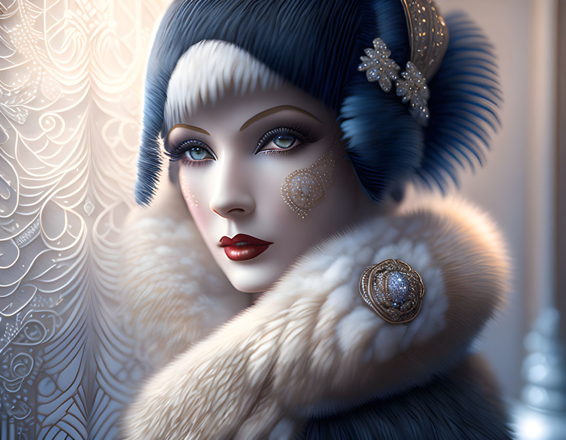 1920s style illustrated woman in blue hat and fur collar