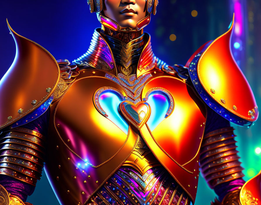 Character in Ornate Armor with Heart Design on Bokeh Light Background