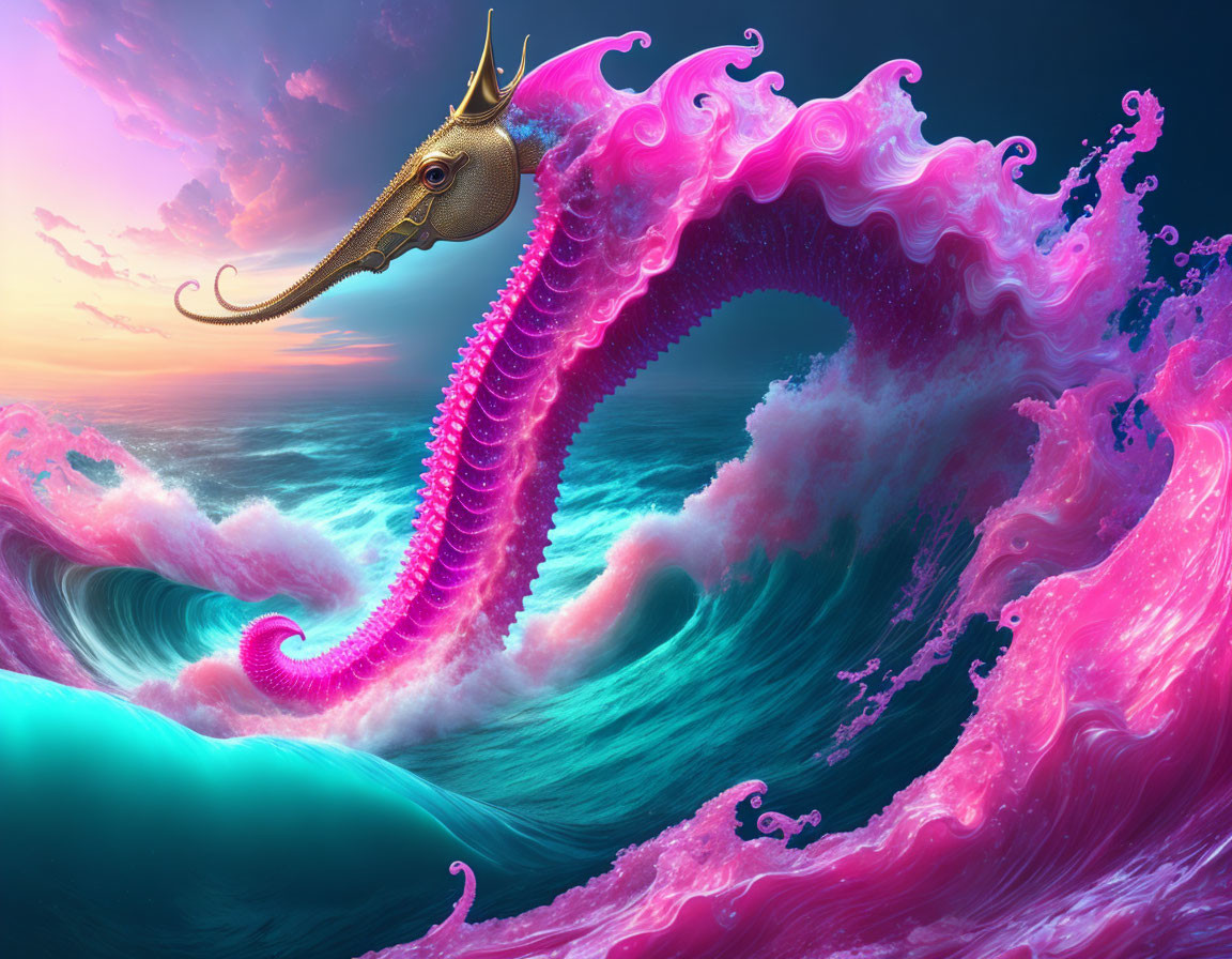 Vibrant pink giant octopus tentacle in turquoise sea at sunset