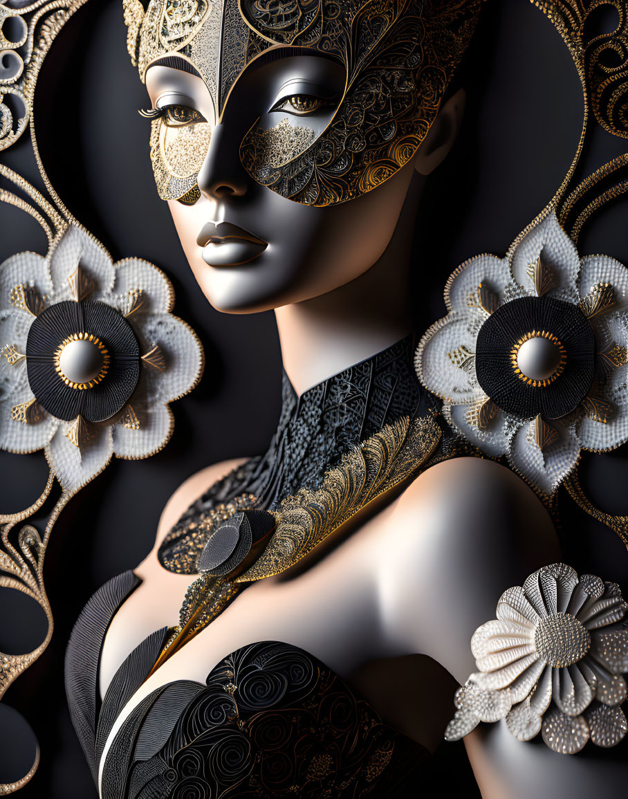 Detailed 3D illustration of woman in ornate golden mask and headdress