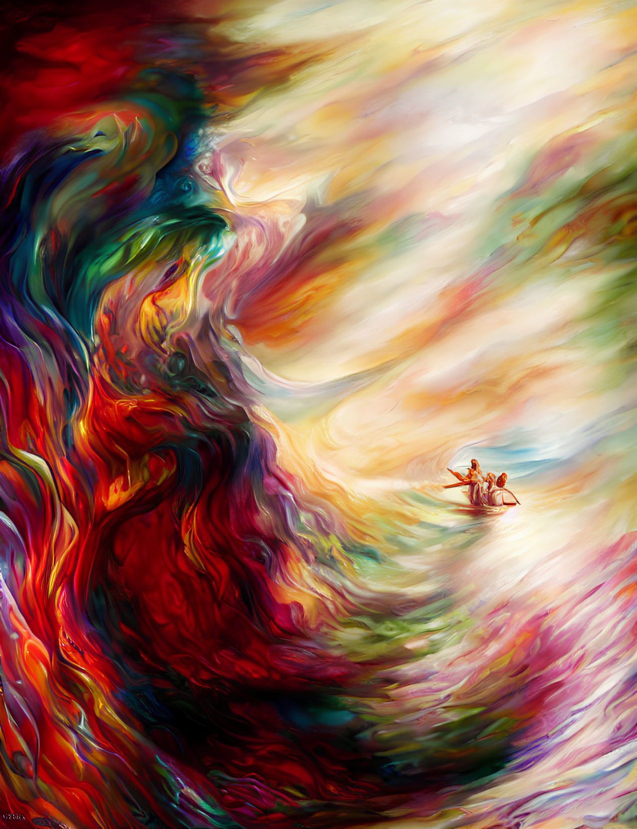 Colorful Abstract Art: Cosmic Storm with Rowboat Silhouette
