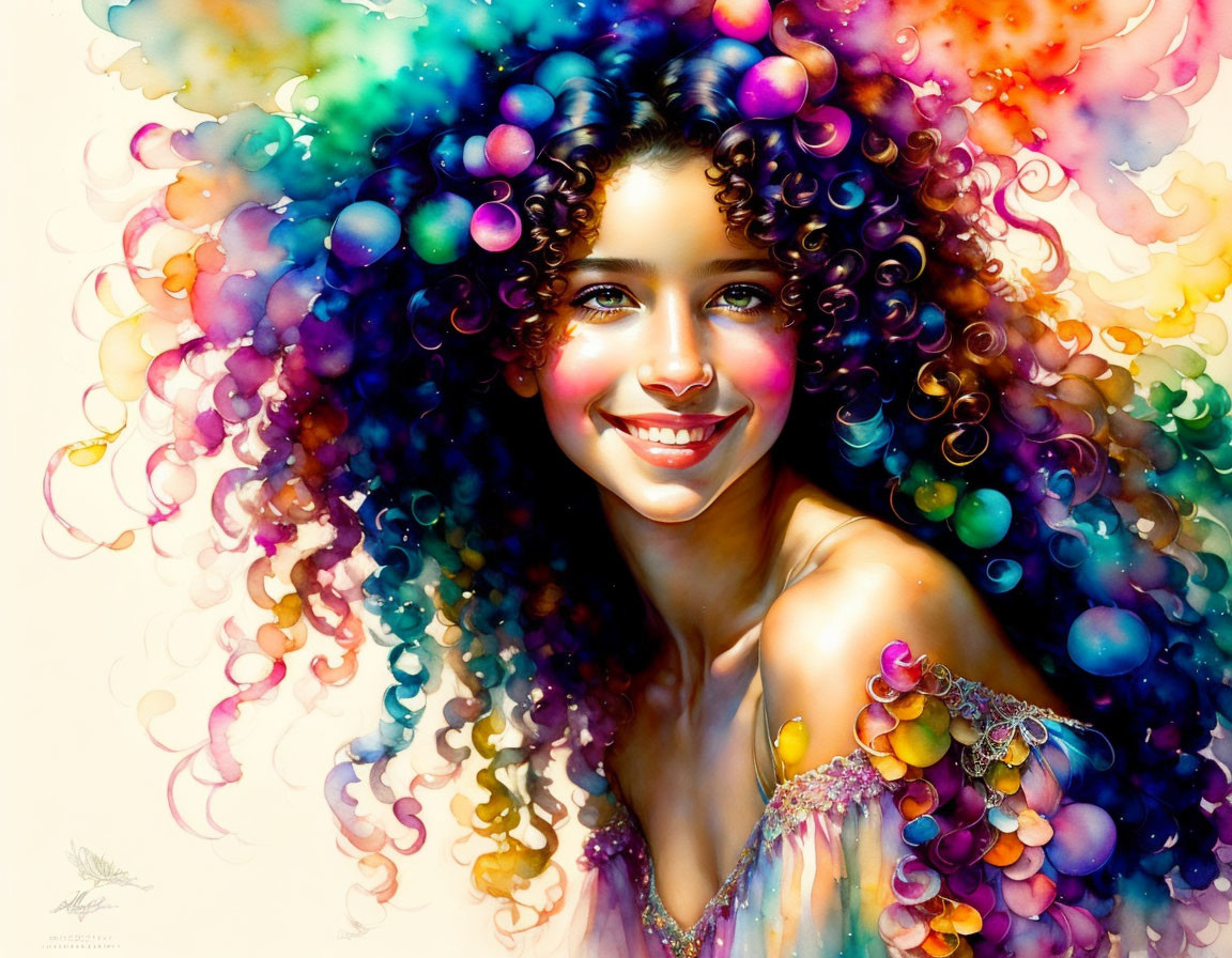 Colorful portrait of a smiling woman with voluminous curly hair in a whimsical style