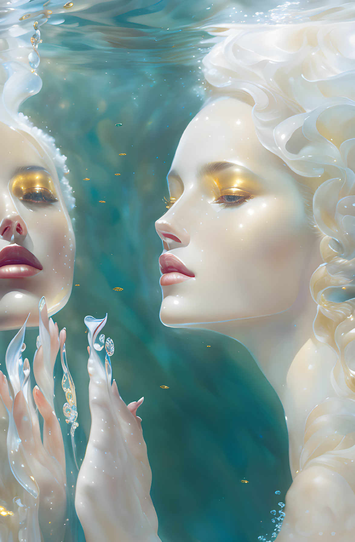 Ethereal women with golden eyes and white hair touching in water surrounded by bubbles