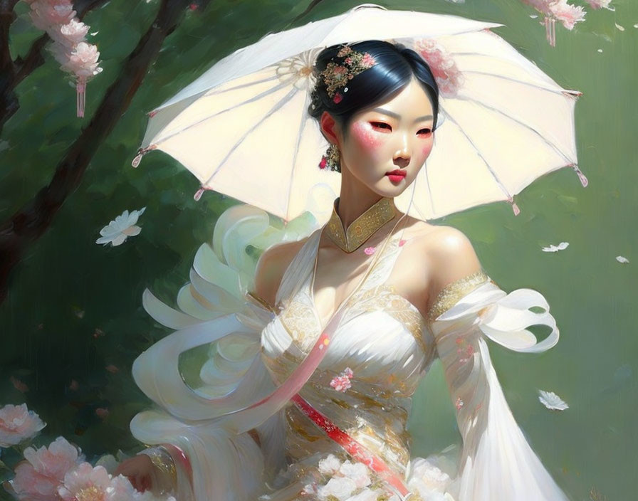 Traditional Asian Woman Illustration with White Umbrella and Pink Floral Dress