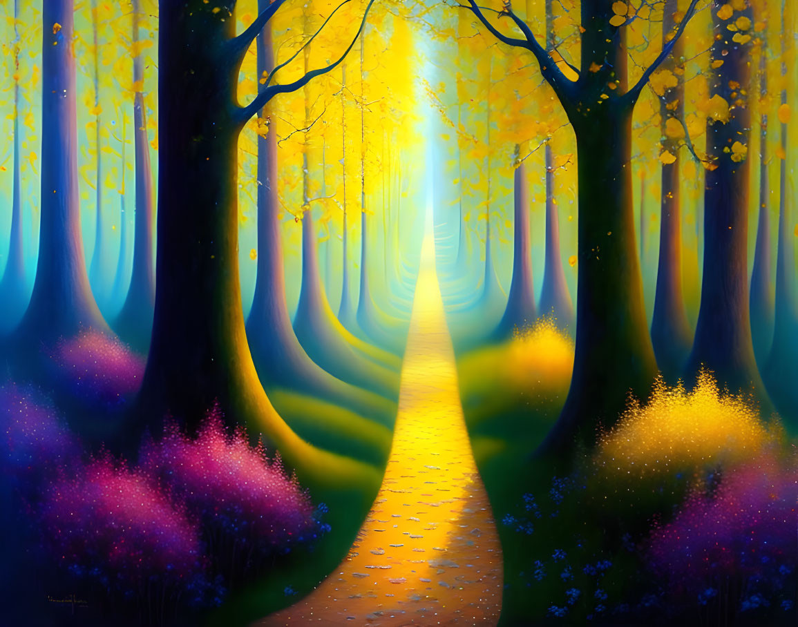 Vibrant forest path with blue trees, golden leaves, purple flowers, and luminous yellow glow