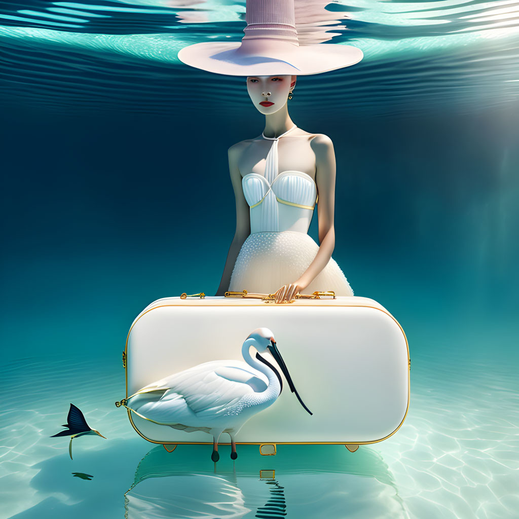 Surreal image: Woman in hat with suitcase on water with manta ray