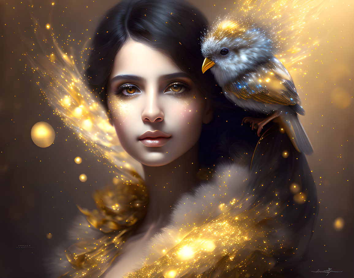 Woman with golden feathers and bird in digital painting.
