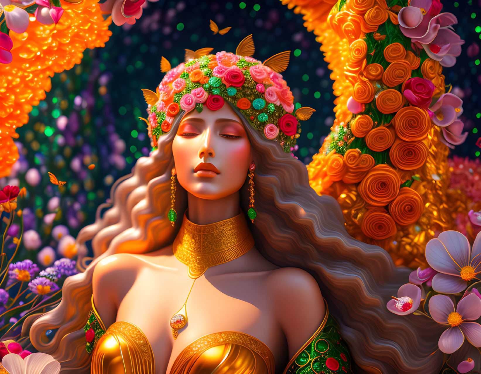 Woman in floral crown and gold attire surrounded by vibrant flowers.