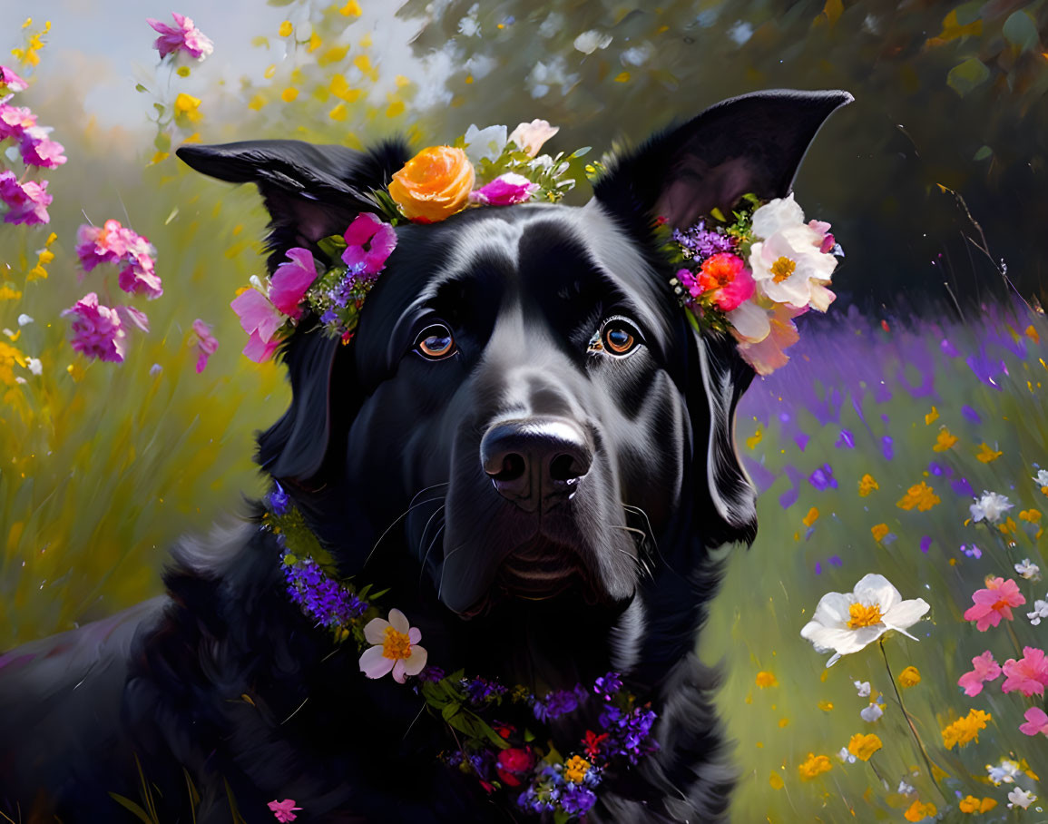 Black Dog with Floral Crown Surrounded by Colorful Wildflowers in Vibrant Meadow