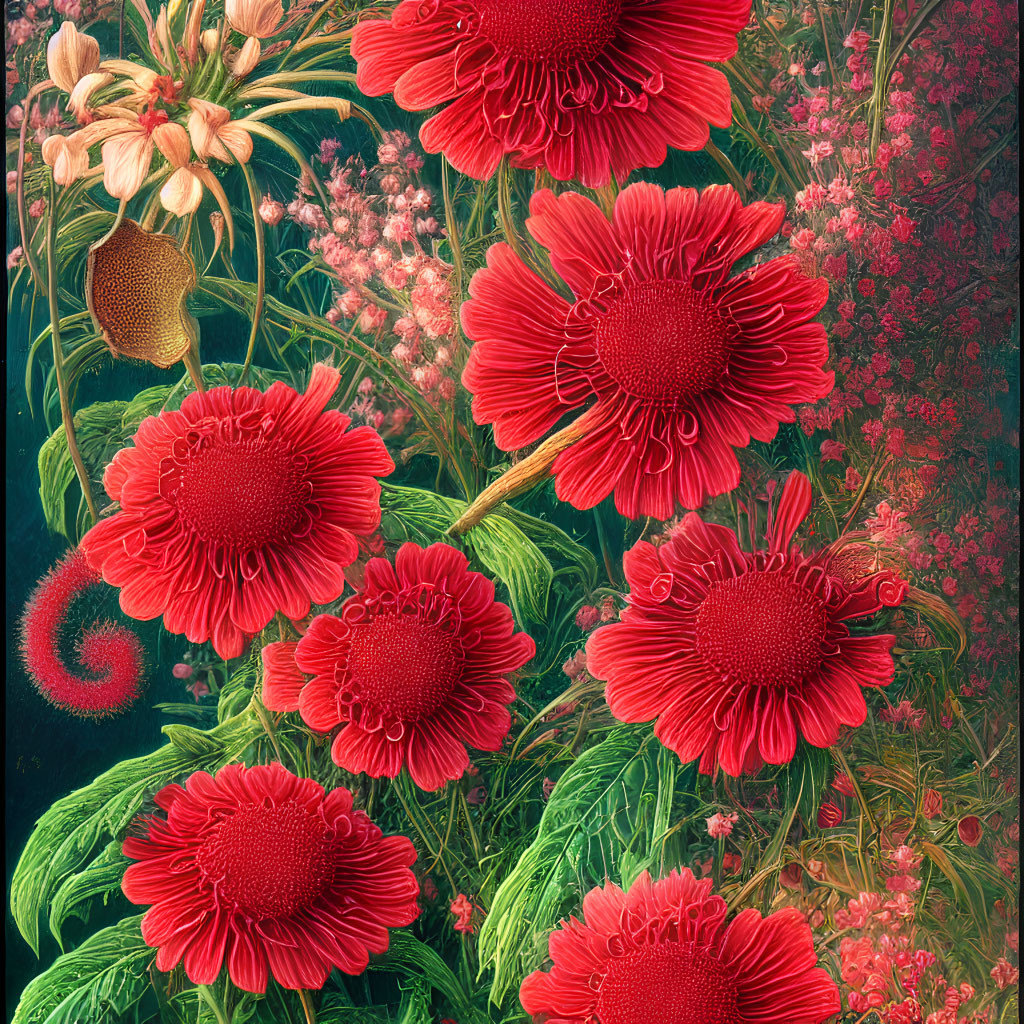 Colorful Red Gerbera Flowers with Pink Blooms and Fern Frond