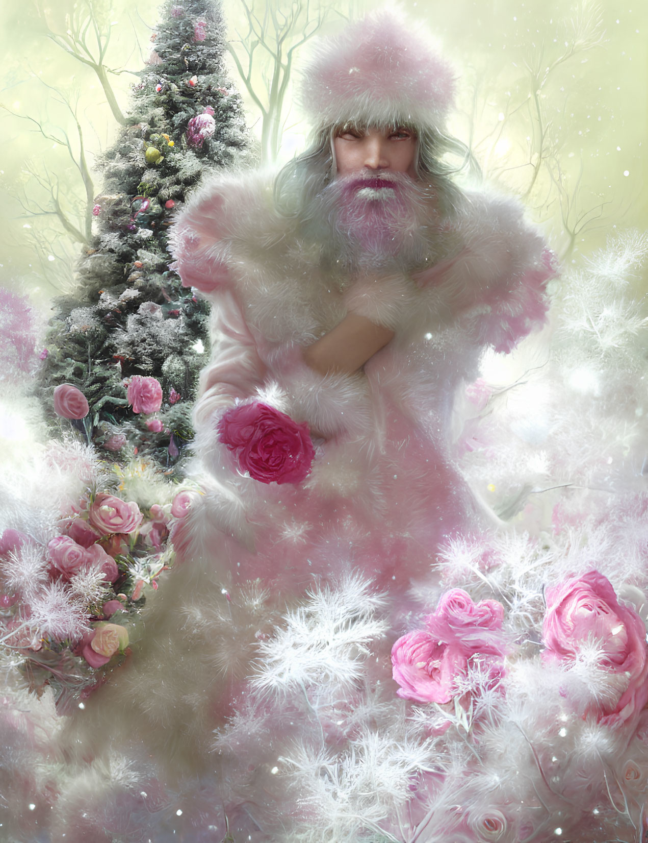 Ethereal figure in pink and white outfit near snow-dusted Christmas tree