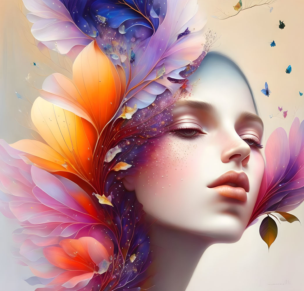Colorful Surreal Portrait: Serene Female Face with Oversized Flower Petals