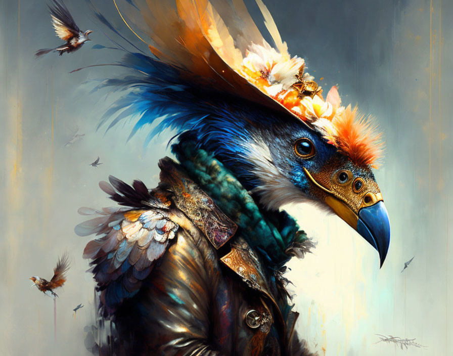 Fantasy eagle with floral crown and lustrous feathers in atmospheric setting