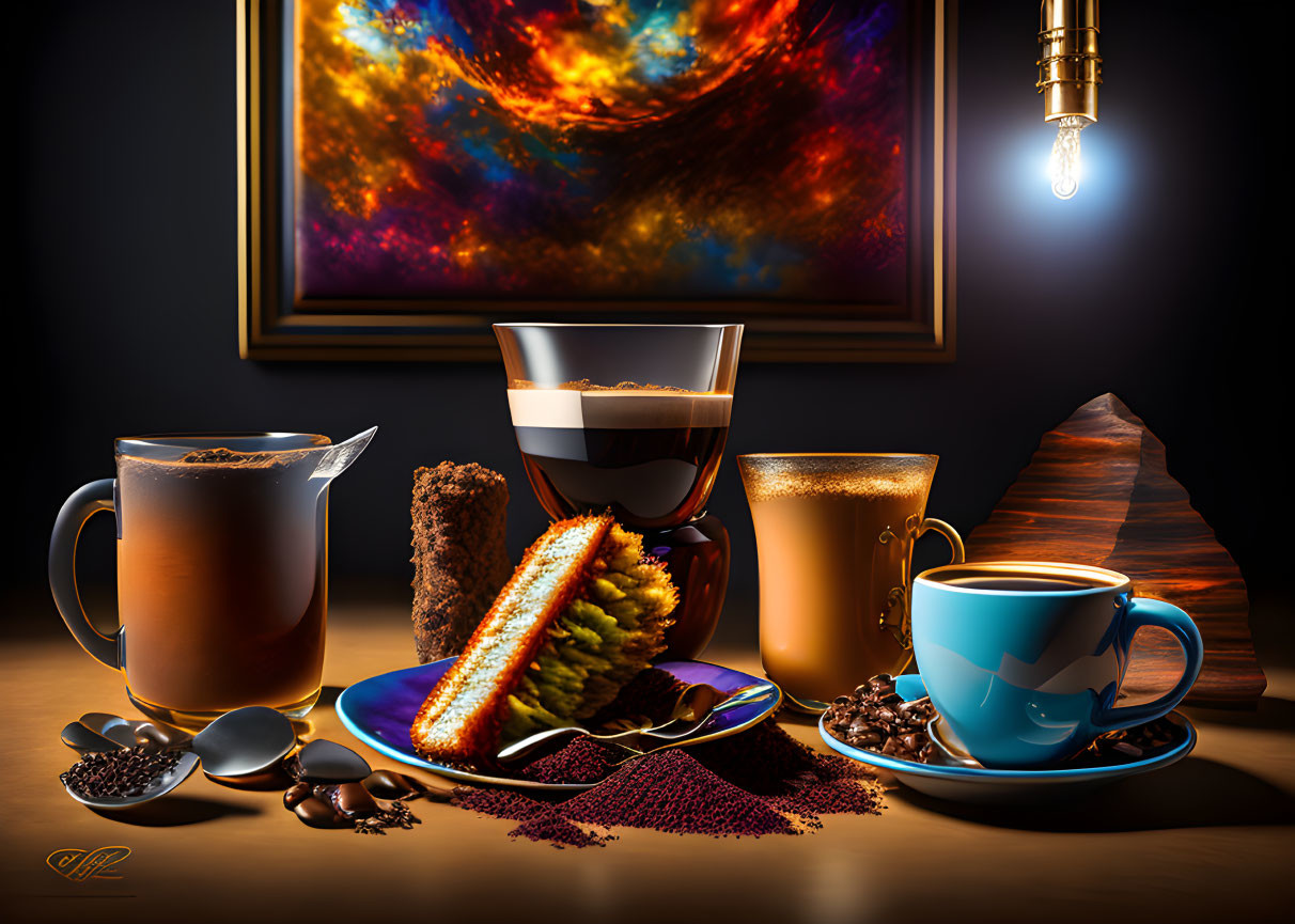 Coffee-themed still life with cups, beans, cake, and nebula painting