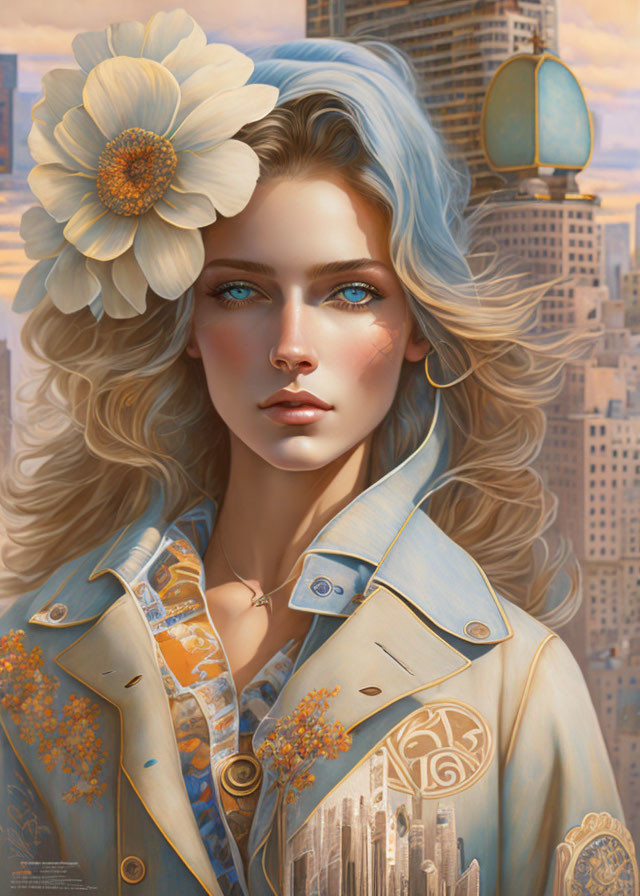 Digital artwork: Woman with blue eyes, blonde hair, white flower, blue coat, floral pattern,
