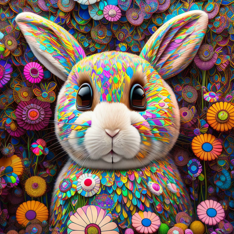 Colorful Bunny Illustration Surrounded by Psychedelic Flowers