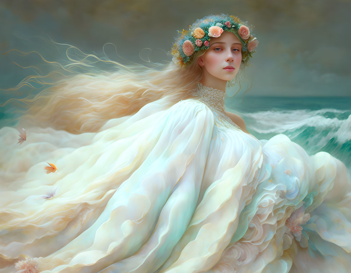 Ethereal woman in white gown by tumultuous sea.