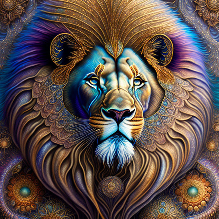 Colorful Lion Illustration with Intricate Patterns and Designs