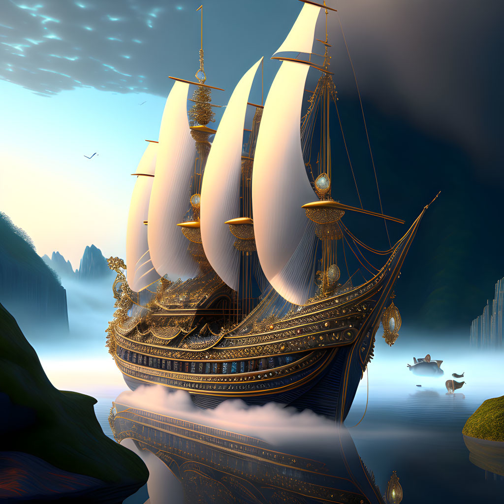 Golden-trimmed galleon sailing above misty waters at twilight
