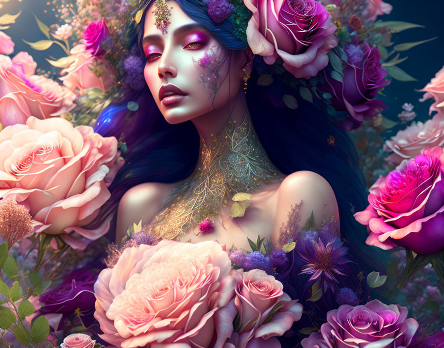 Fantasy illustration of woman with floral patterns and jewelry in rose-filled scene