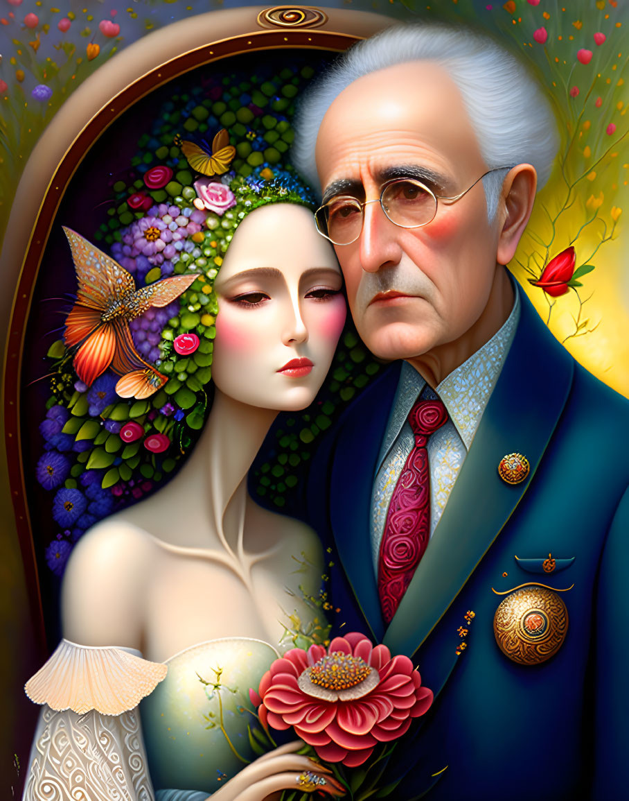 Vibrant illustration of man in blue suit with woman in floral attire and butterfly, against nature backdrop
