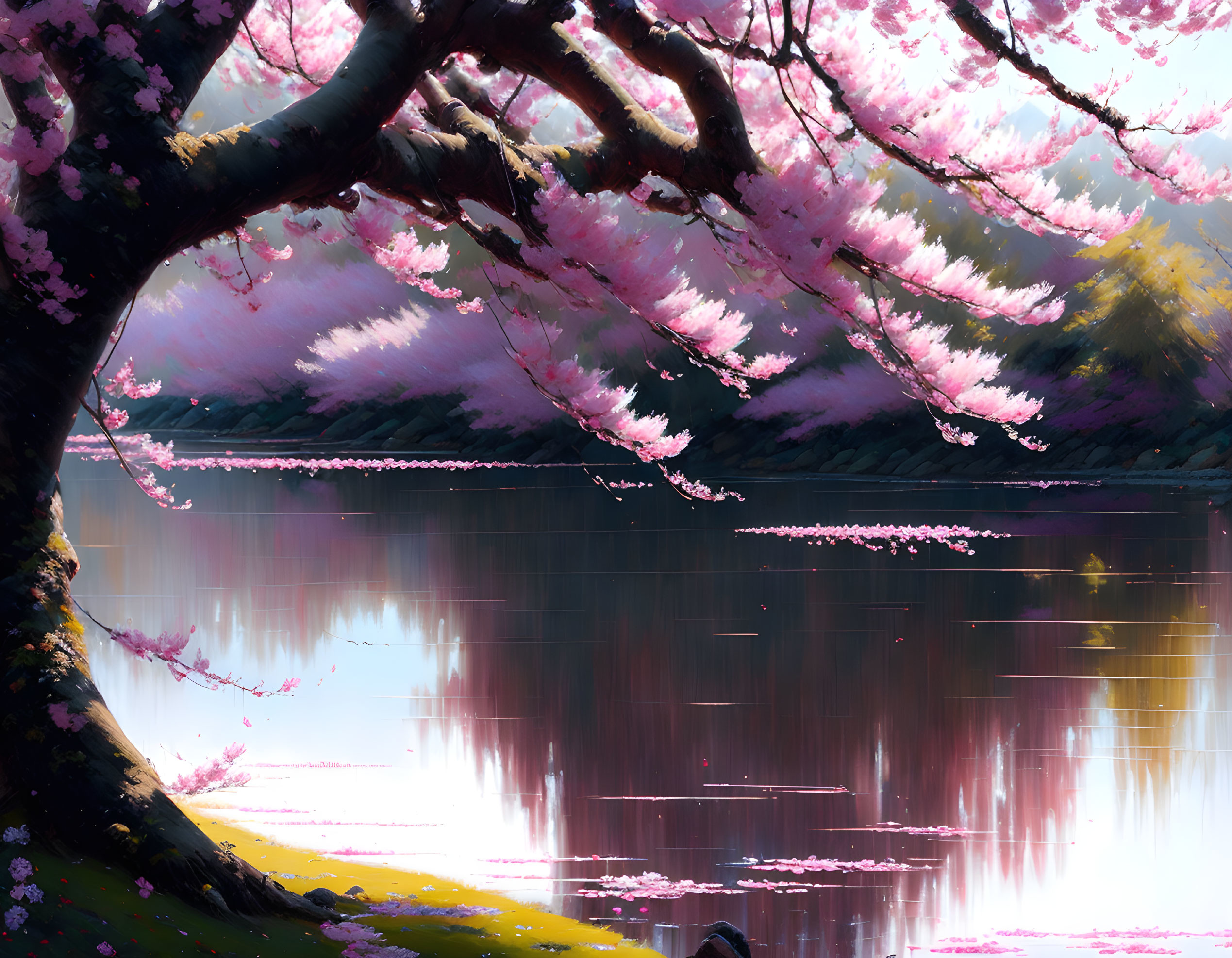 Cherry Blossoms by Lake: Pink petals and sunlight create serene scene.