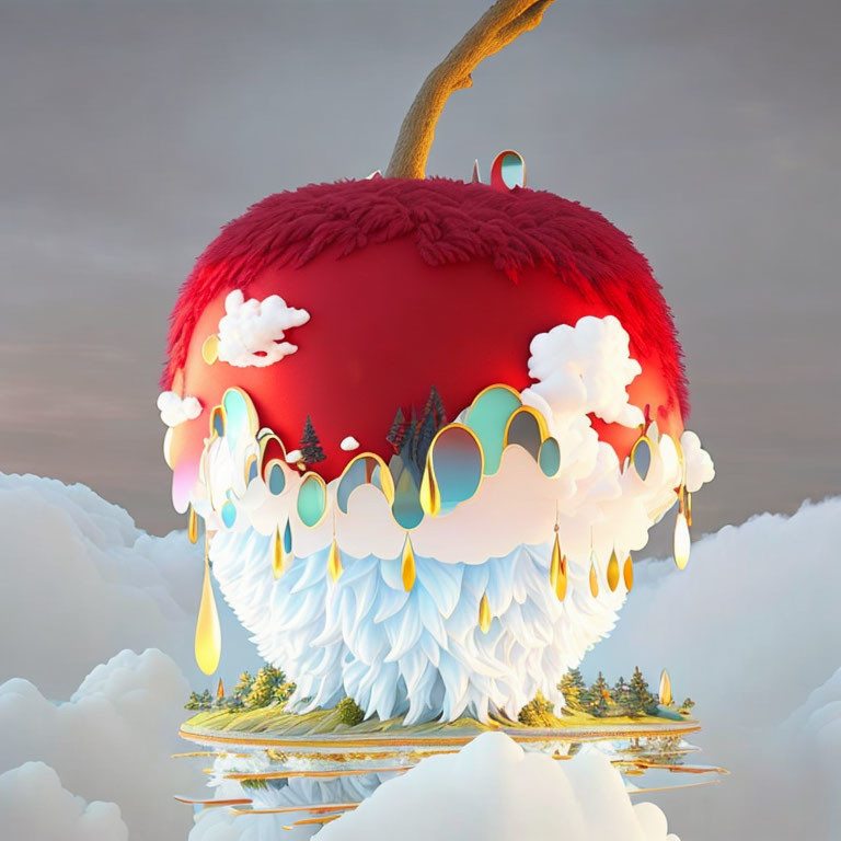 Whimsical red apple artwork with snowy landscape and colorful elements