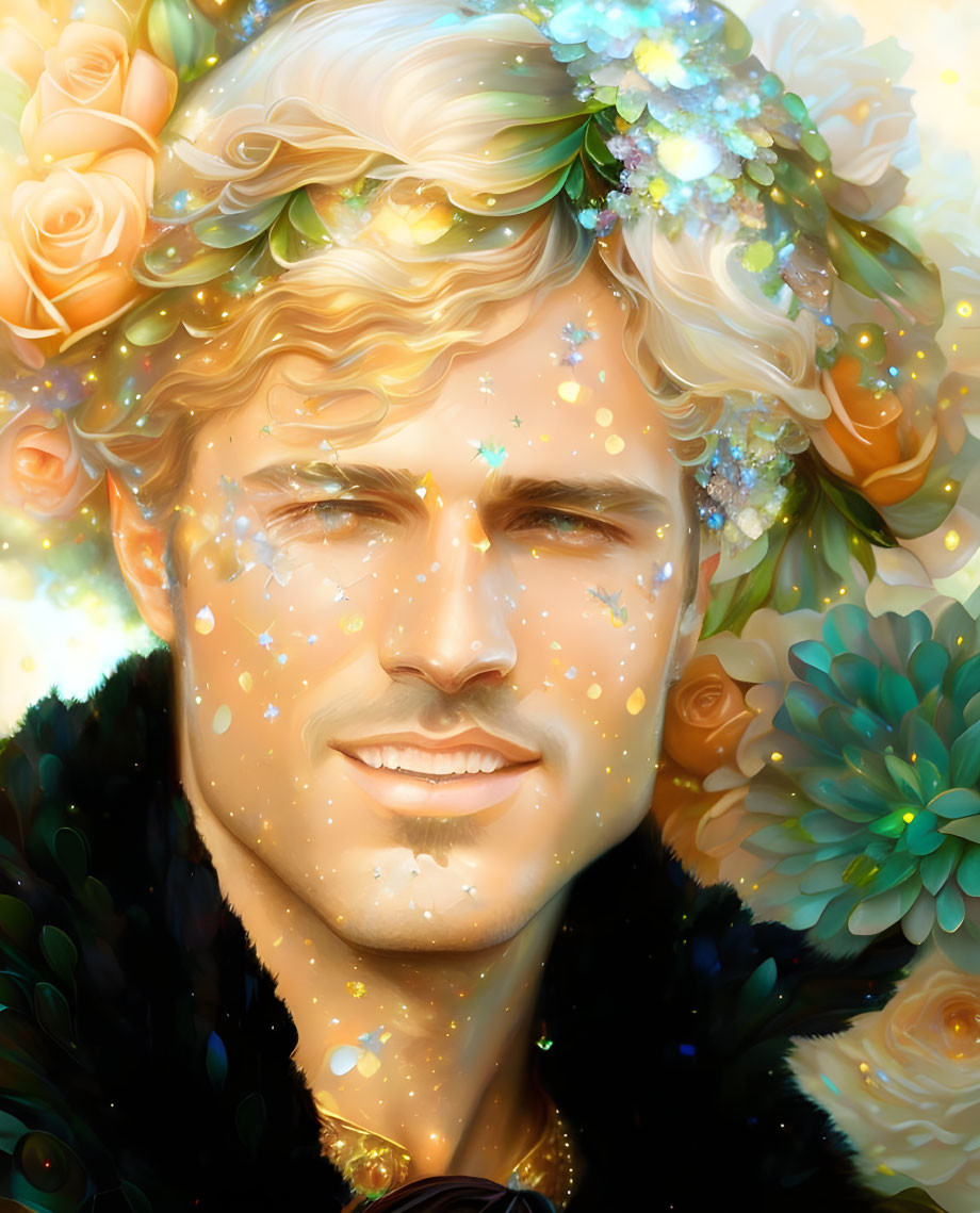 Smiling man with blond hair in flower crown and fur collar