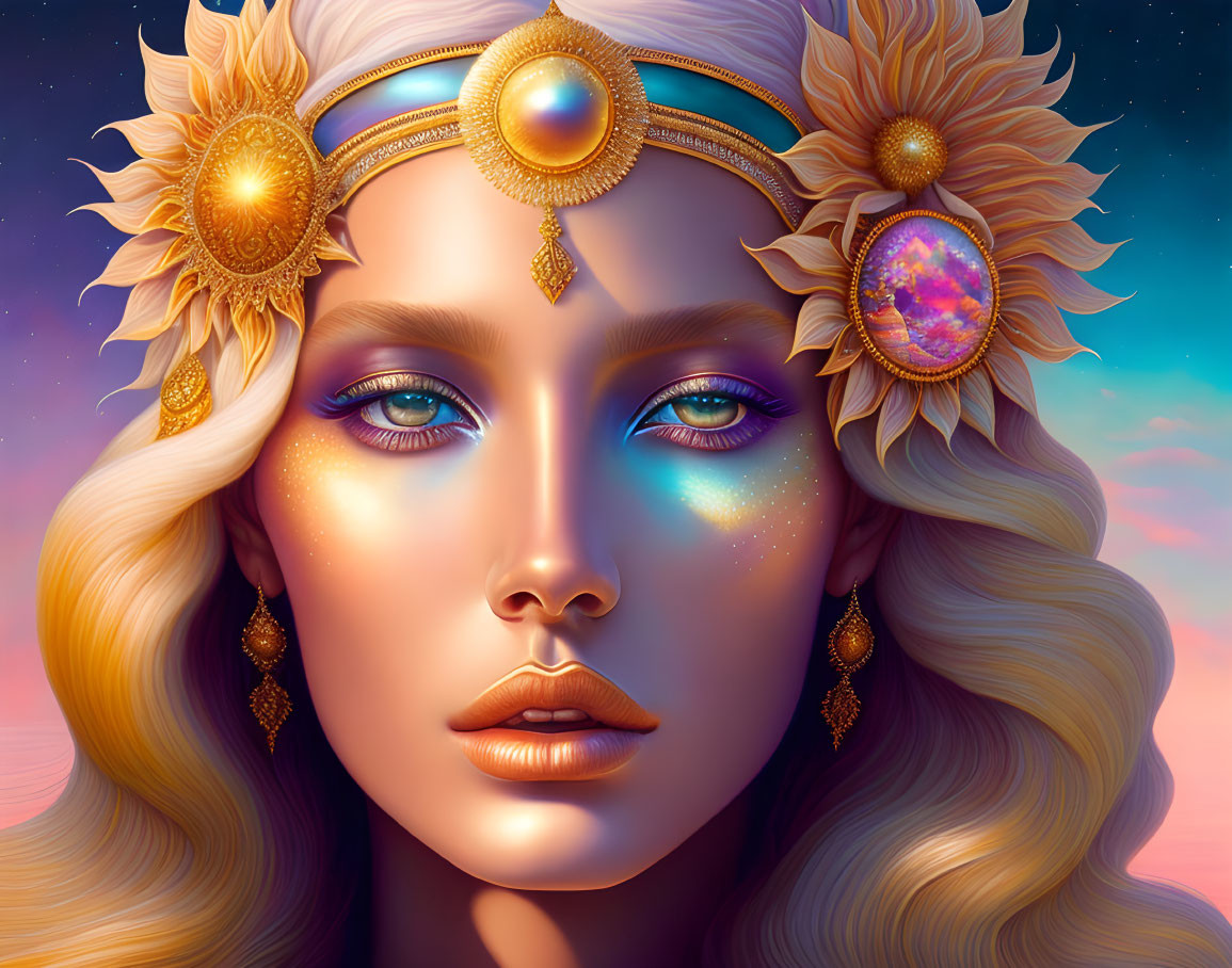 Digital portrait of woman with gold jewelry, sun motifs, vibrant blue eyes, cosmic makeup, against sunset