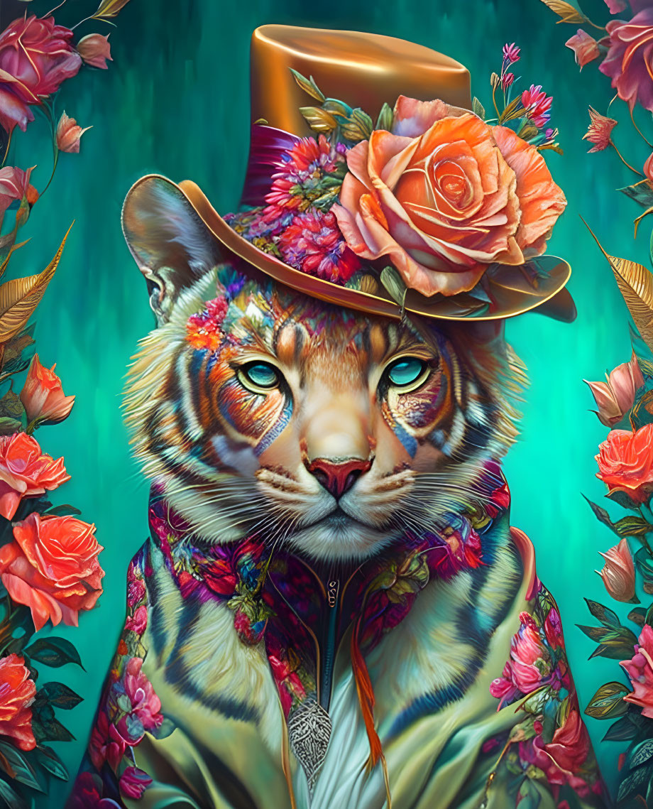 Colorful Tiger in Floral Suit with Rose Hat and Feathers