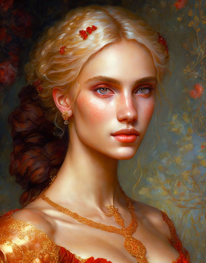 Digital portrait of fair-skinned woman with blonde braided hair, rosy cheeks, in golden-orange