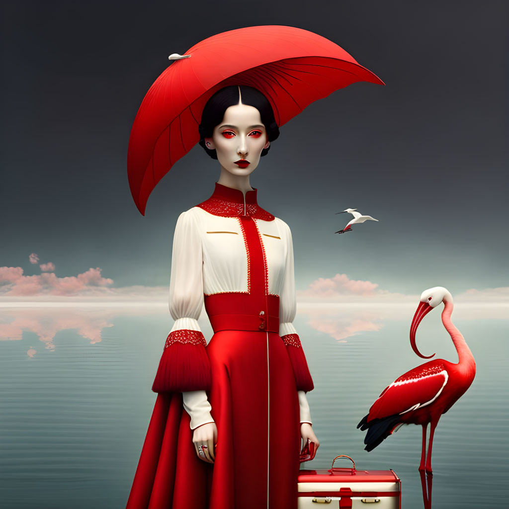 Stylized woman with red accents holding umbrella next to flamingo under cloudy sky