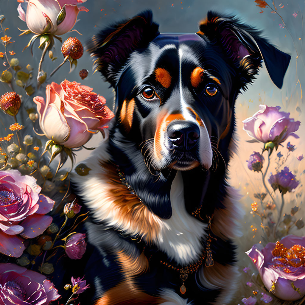 Detailed Tricolored Dog with Pink Roses on Dark Background