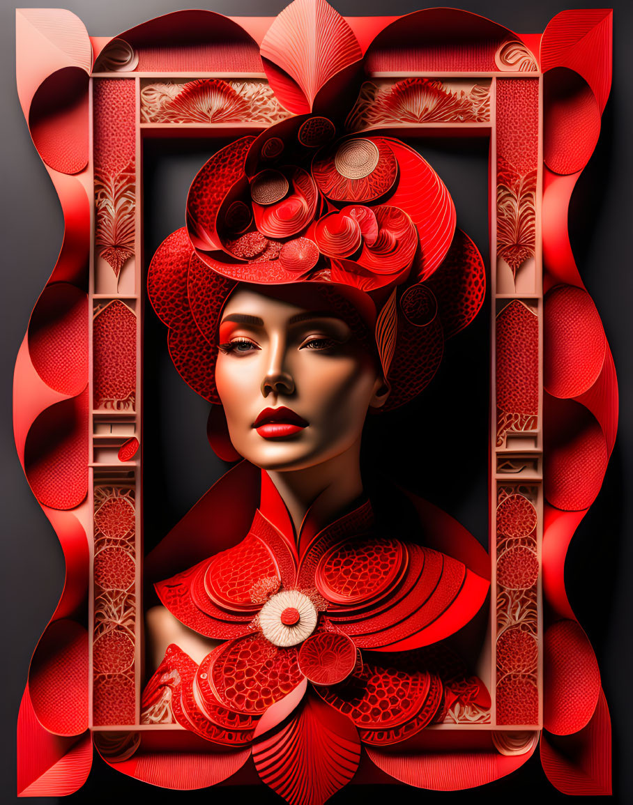 Woman with Red Headdress and Geometric Frame in Artistic Portrait